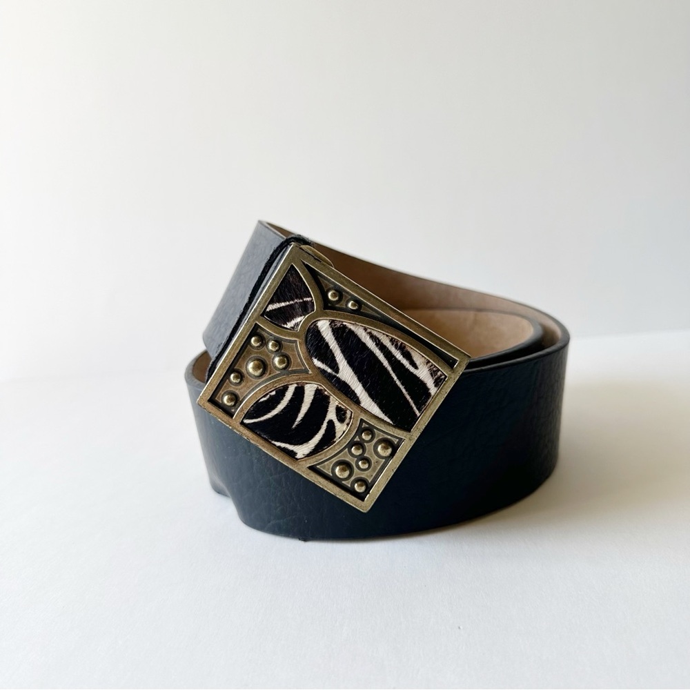 Adrienne Landau Black Leather Zebra Print Large Buckle Belt